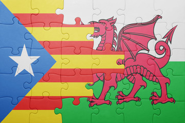 puzzle with the national flag of wales and  catalonia