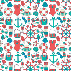 Big set with doodle images about beach fashion and travel