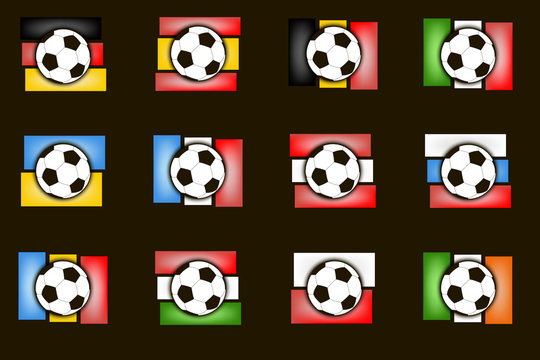 Flags country and  soccer balls
