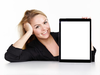 Woman presenting her tablet pc with copyspace