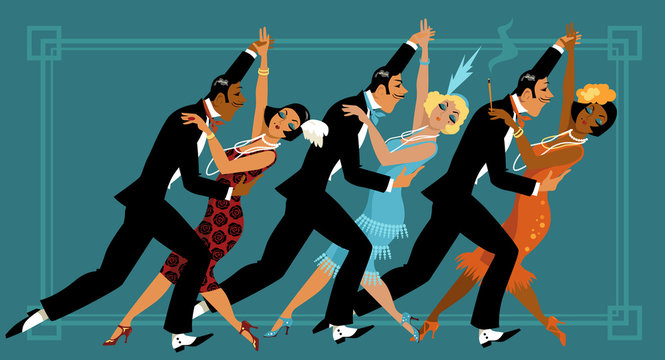 Group of people dressed in retro fashion dancing, EPS 8 vector illustration
