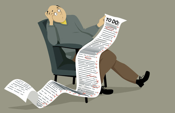 Overwhelmed Man Sitting On A Chair, Holding A Comically Long To Do List. EPS 8 Vector Illustration, No Transparencies