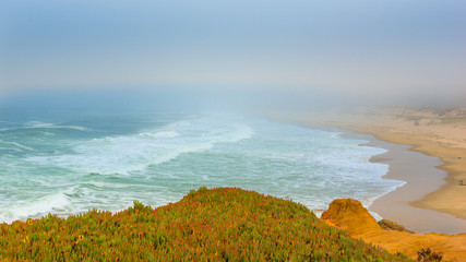 Coast in the fog. Fantastic views along the road on California State Route 1