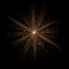 Particle explosion with flare effect. Golden glitter texture. Transparent flares. Vector eps10.
