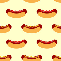 Hot dog with mustard seamless pattern. Sausage roll and texture.