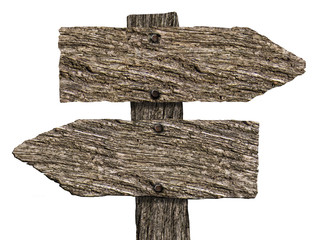Blank Old Two Opposite Directions Old Wood Wooden Signpost Isolated on White Background