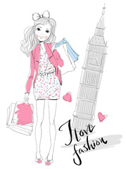 Obraz premium shopping girl travels the world