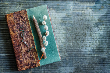 Handmade journal with twig pencil and pussy willows on a texture