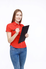 Portrait of beautiful woman in red
