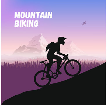 Cyclist in rough road. Bicycle racing go to the mountain. Vector flat design. bicyclist silhouette