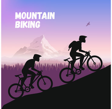 The Group of cyclists in rough road. Bicycle racing go to the mountain. Vector flat design. bicyclist silhouette.