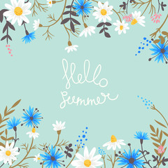 Obraz na płótnie Canvas Hello summer. vector background with hand drawn meadow flowers