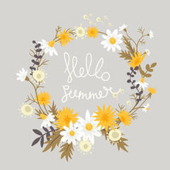 Summer wreath. vector hand drawn floral illustration with meadow flowers