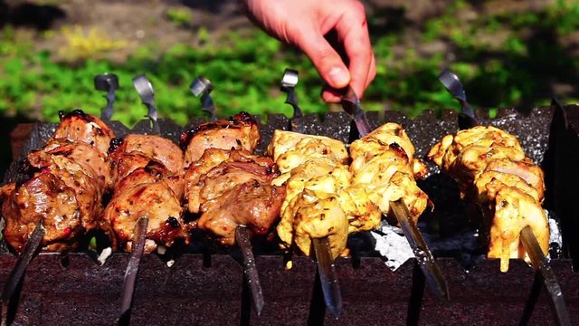 Chicken and veal kebabs barbecues are fried on skewer grill