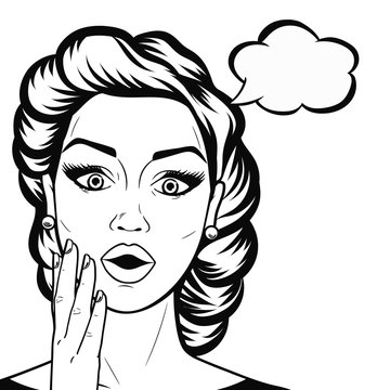 Line art woman face with open mouth and thought bubble, outline shocked or amazed woman face in comics style black and white vector.