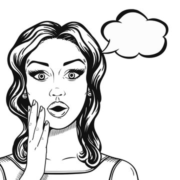Line art shocked woman face with thought bubble in comic sketch style, vector. Black and white young woman surprised face.