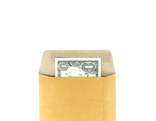 One dollar banknote colored leaves in brown envelope.