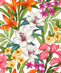 Seamless exotic pattern with tropical leaves and flowers. Blooming jungle. Vector illustration.