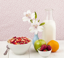 breakfast cereal with milk and fruits