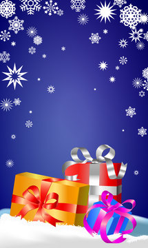 present boxes red, blue, yellow color on blue background with snowflacke