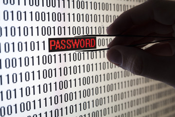 Computer screen shot with binary code and red password text, concept for computer and online...