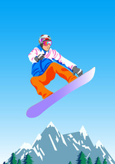 person flying on a snowboard over the mountains in the sky