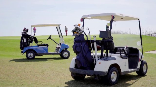 Two golf carts loaded with bags and clubs parked together on a fairway on a golf course with the two players visible on the horizon in the distance.