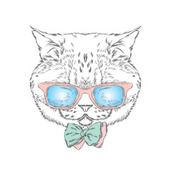 Funny cat in a tie and glasses. Vector illustration.