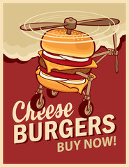 super cheeseburger with wheels and a propeller like a helicopter