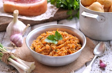 Squash caviar of organic zucchini, onions, carrots and tomatoes with garlic and parsley