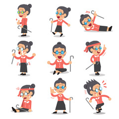 Cartoon senior woman character poses