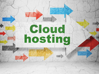 Cloud computing concept: arrow with Cloud Hosting on grunge wall background