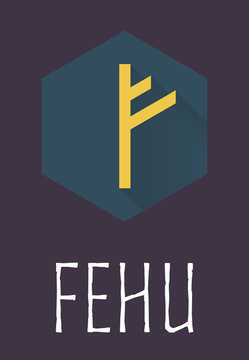 Fehu rune of Elder Futhark in trend flat style.