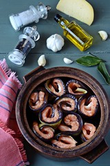 Raw aubergine and salmon rolls. Cooking backstage