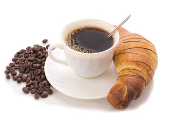cup of coffee with croissant on white background