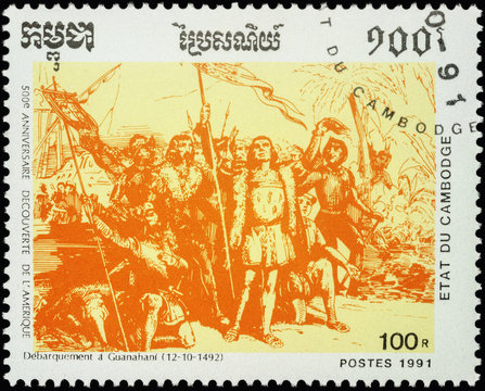 Landing of Christopher Columbus in Guanahani (West-Indies) on Oc
