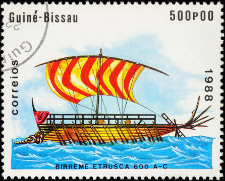 Ancient War Ship - Bireme Etrusca On Postage Stamp