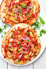 Pizza with chicken meat and vegetables