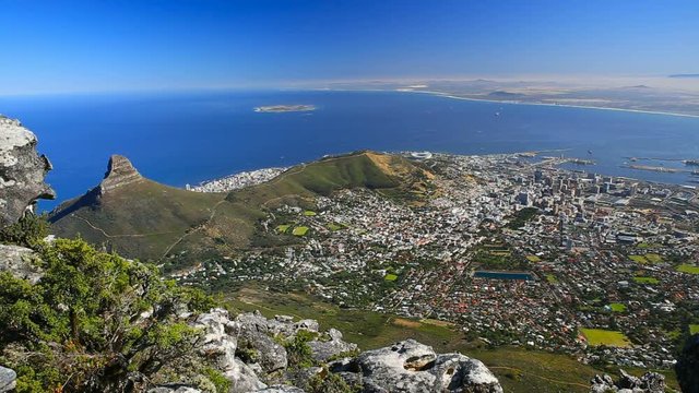 Republic of South Africa. Cape Town (Kaapstad). Panoramic ocean view of the city, Lion's Head, Signal Hill and Robben Island in the background