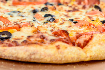 Italian Pizza With Mozzarella, Prosciutto, Tomatoes And Olives