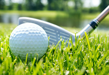 Golf club and ball in grass