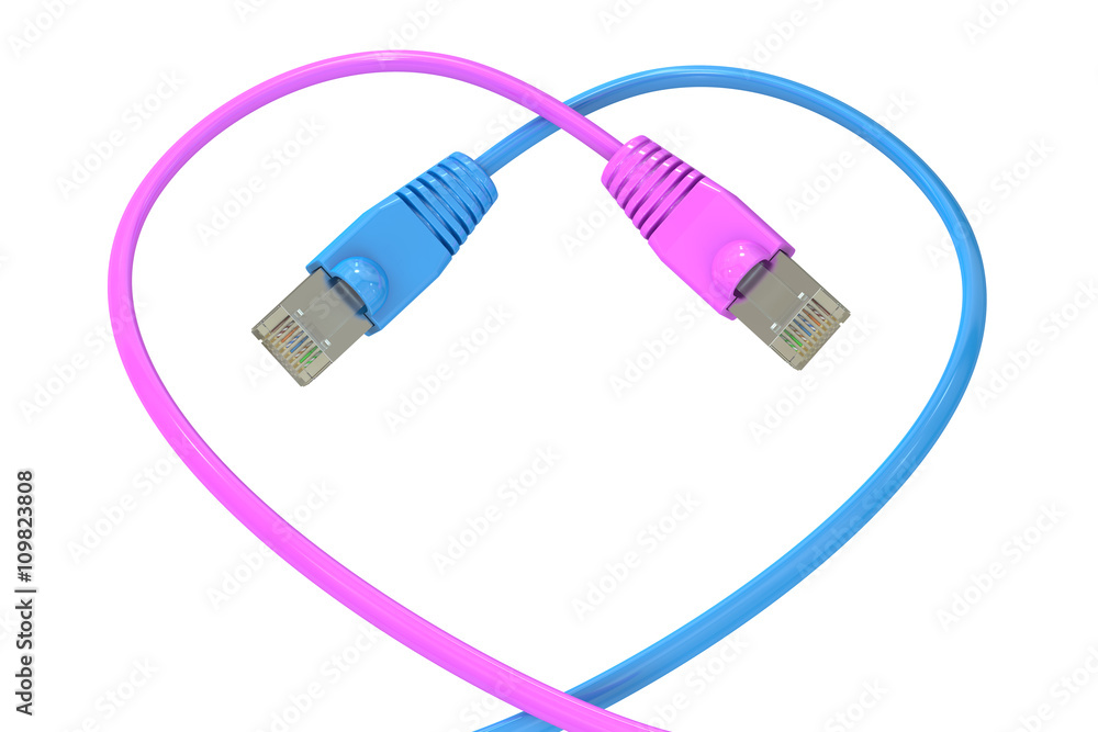Poster computer network cables in the heart-shaped, 3d rendering
