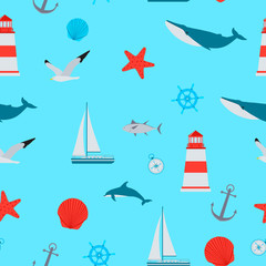 Obraz na płótnie Canvas Seamless pattern Sea. Ship, anchor and fish. Vector illustration