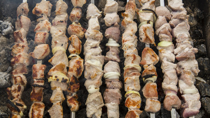 The shish kebabs prepared on a brazier