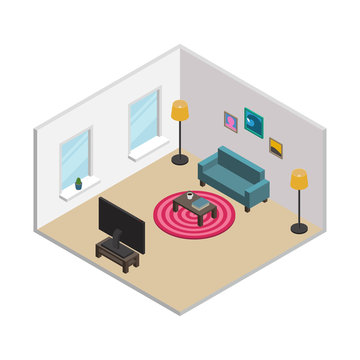 Isometric Living Room With White Walls, Windows And Furnishings: Green Sofa, Round Carpet, Floor Lamps, TV, Coffee Table, Pictures In Frames. All Objects Are Movable And Separated. Vector Illustration