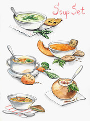 Collection of different soups - cheese, pumpkin, bacon, potato