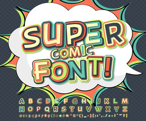 Multicolored comic font, speech bubble. Comics, pop art