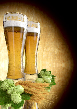 two glasses of beer with barley and hops - 3D render