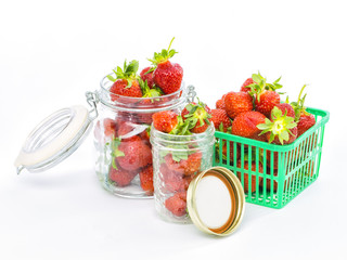 fresh whole strawberries in wooden bowl
