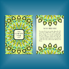 Flyer with blue and green round mandala pattern and ornament. Oriental flyer mockup, floral card design layout template. Size A5. Front and back sides. Editable and movable objects. EPS 10.